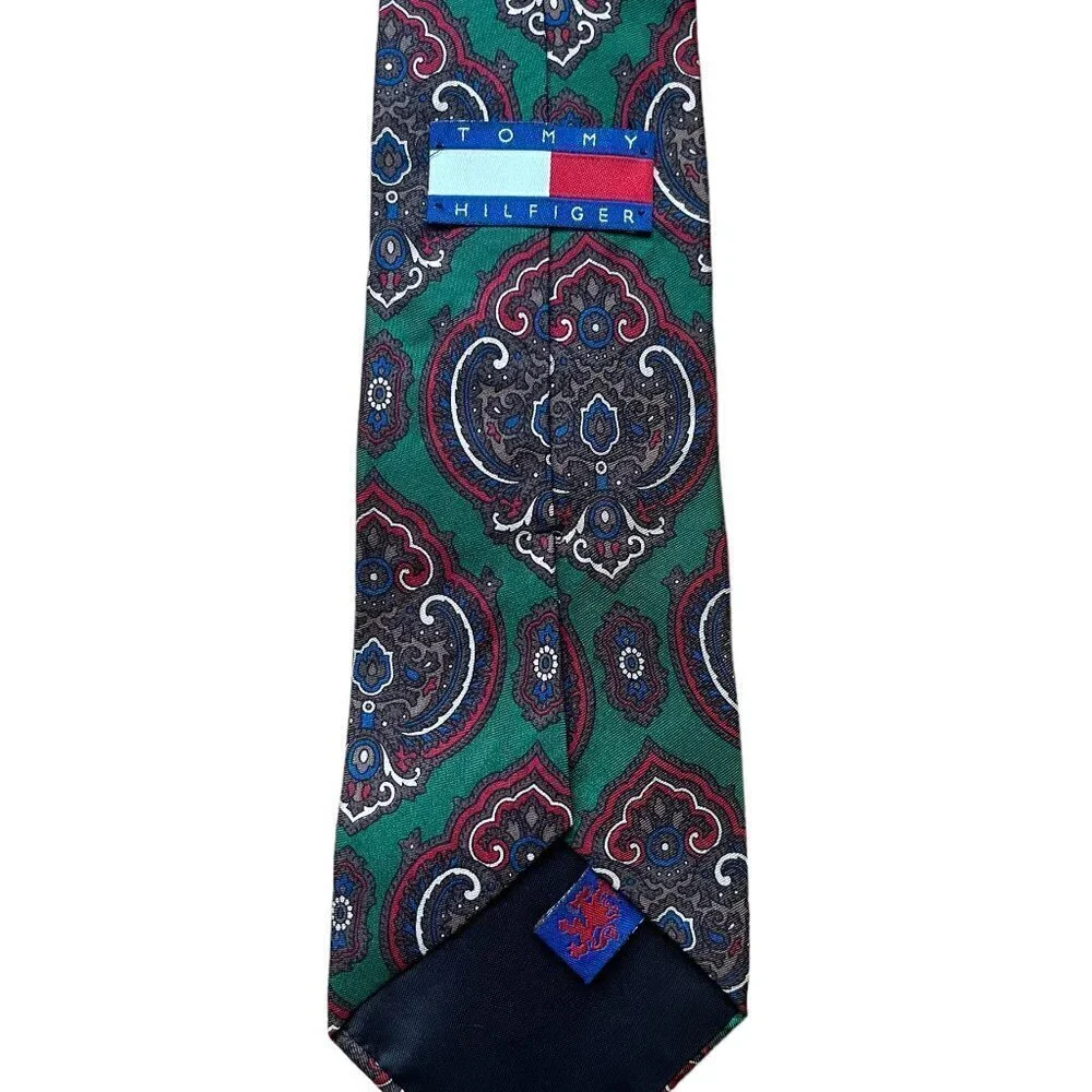 Vintage Tommy Hilfiger Italian 100% Silk Green and Red Necktie Made in USA